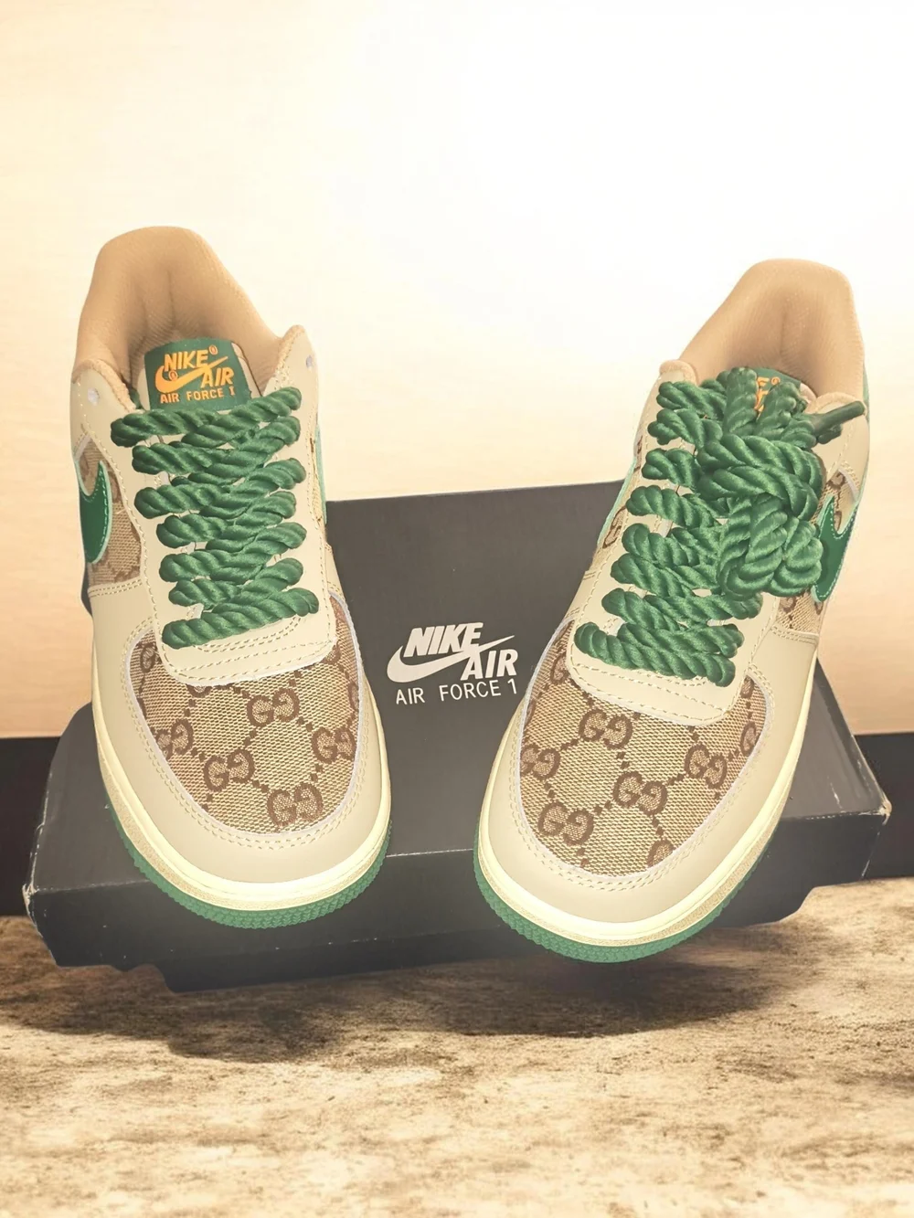 Gucci Air Force 1 Beige and Green Designer-Pattern Low Top Sneakers